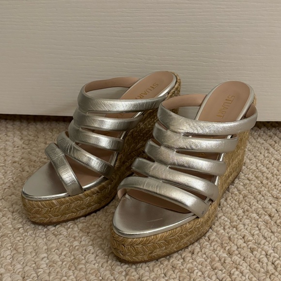 Stuart Weitzman Lilyana Espadrille Wedge Sandal Silver Metallic Heel - Picture 4 of 16